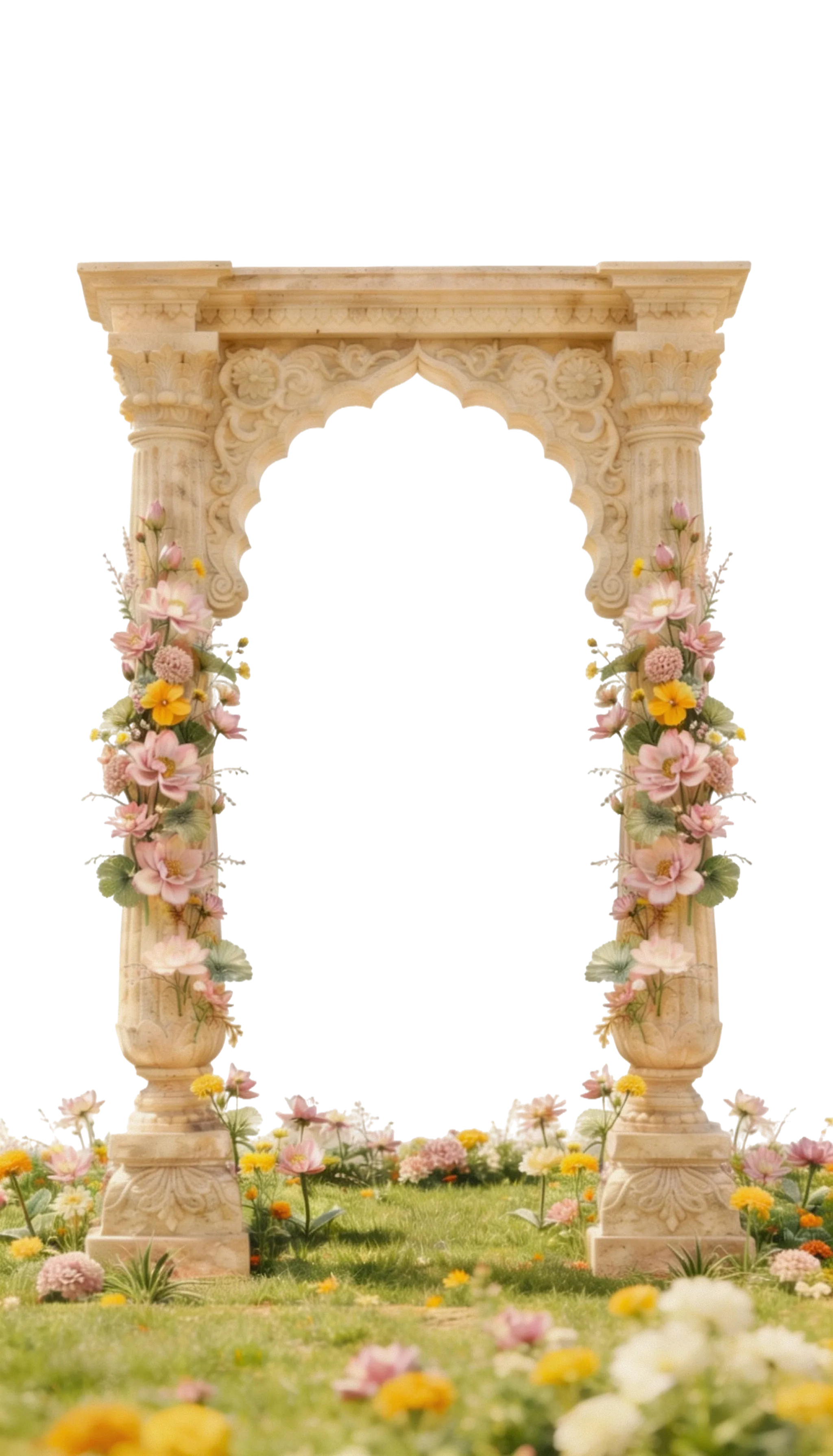 Sandstone mandap arch with pink and yellow floral garlands